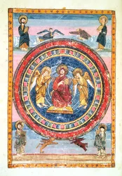 Cristo in Maestà con angeli e i Quattro Evangelisti, eseguito a Jarrow, Wearmouth, inizio VIII secolo